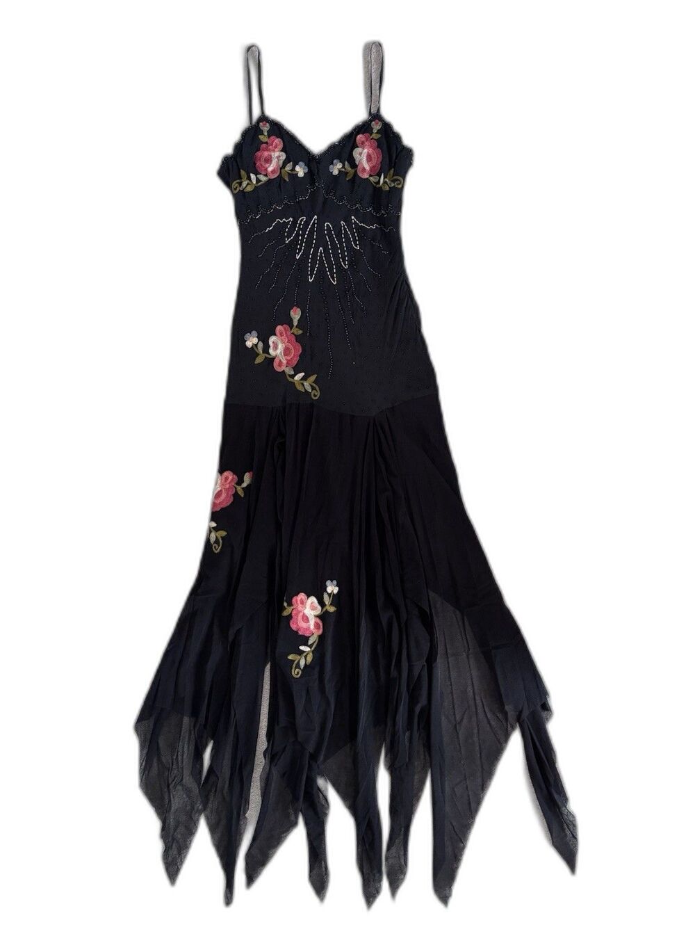 VTG Y2K Cache Silk Maxi Dress Sz 8 Beaded Embroidered Floral Whimsy Fairy Goth